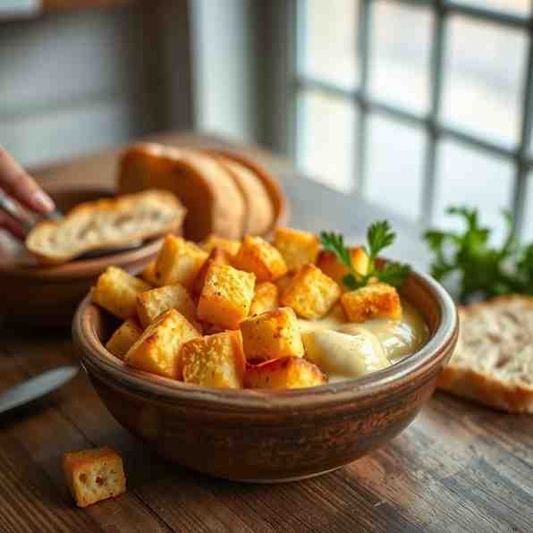 Kachkéis Fondue - Creamy Baked Cheese & Mustard Croutons